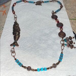 Bronze metal Fish Pendant Necklace with Blue Beads